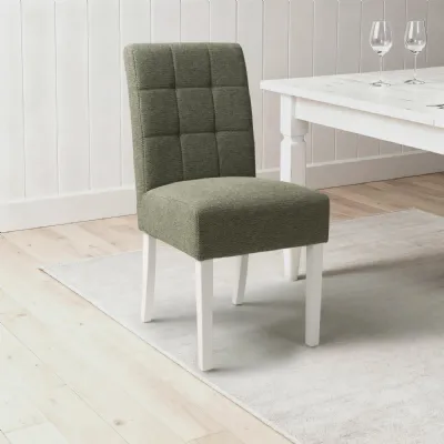 Green Fabric Waffle Back Dining Chair with White Wooden Legs
