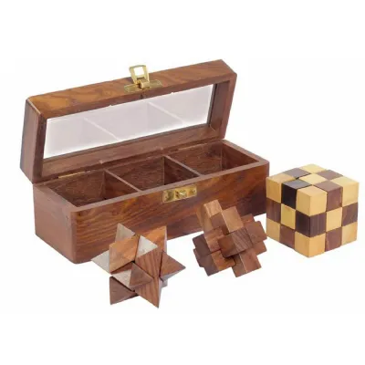 3 Puzzle Set In Sheesham Box 18cm