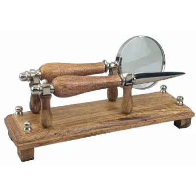 Nickel Magnifying Glass and Paper Knife on Mango Wood Stand 25.5cm