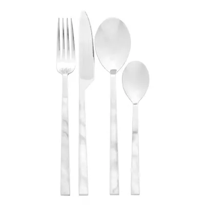 Silver Finish 16PCS White Faux Marble Cutlery Set