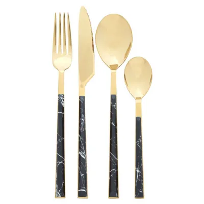 Gold Finish 16PCS Black Faux Marble Cutlery Set
