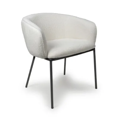 White Boucle Fabric Curved Tub Dining Chair Black Metal Legs