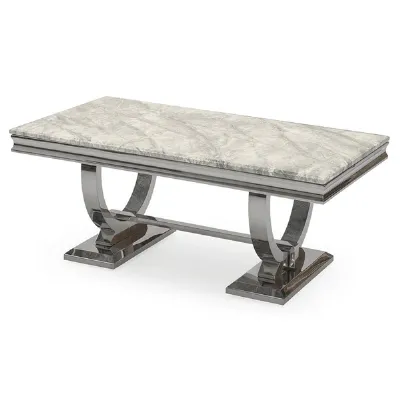 Modern Pandora Marble 150cm Rectangular Dining Table with Polished Steel Pedestal Base