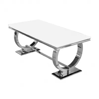 Modern White Glass 150cm Rectangular Dining Table with Polished Steel Pedestal Base