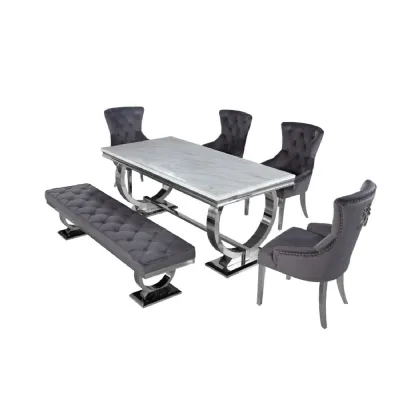 Modern White Marble Top Rectangular 6 Seater Dining Table with Steel Base