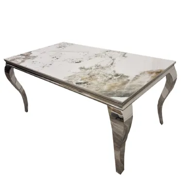 Modern Pandora Marble Top Rectangular 6 Seater Dining Table with Chrome Curved Legs