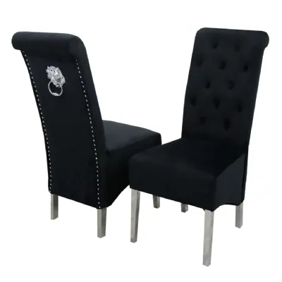 Modern Black Velvet Upholstered Dining Chair with Chrome Lion Knocker