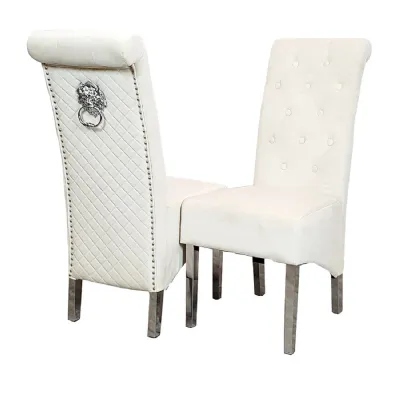 Modern Cream Velvet Upholstered Dining Chair with Chrome Lion Knocker