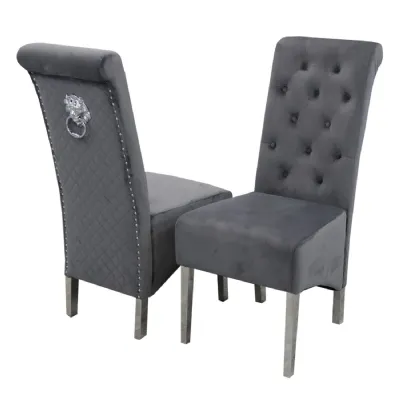 Modern Dark Grey Velvet Upholstered Dining Chair with Chrome Lion Knocker