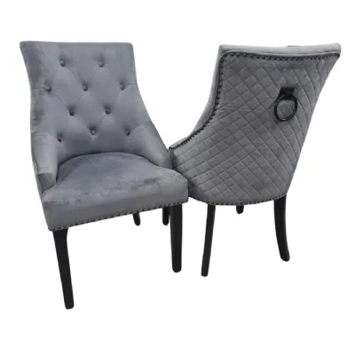 Luxury Dark Grey Velvet Dining Chair with Quilted Back and Black Legs