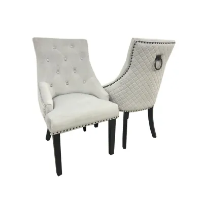 Luxury Light Grey Velvet Dining Chair with Quilted Back and Black Legs