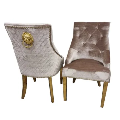 Luxury Beige Velvet Upholstered Gold Dining Chair with Stud Detailing