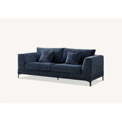 Modern Style Blue Velvet Upholstered 3 Seater Sofa with Wooden Plinth Base