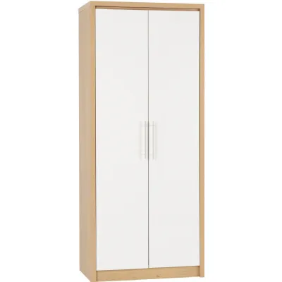 Seville 2 Door Wardrobe White High Gloss Light Oak Effect Veneer