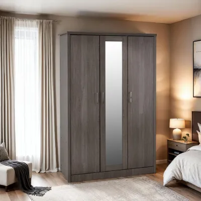 Black Wood 3 Door Triple Wardrobe with Centre Mirror