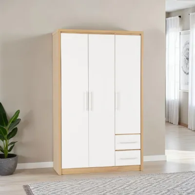 White Gloss and Light Oak 3 Door 2 Drawer Triple Wardrobe