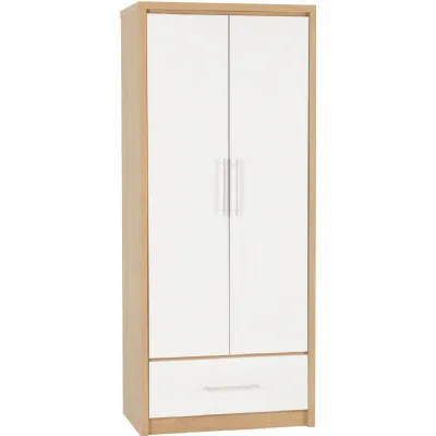 Seville 2 Door 1 Drawer Wardrobe White High Gloss Light Oak Effect Veneer