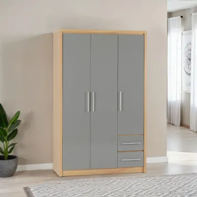 Grey Gloss and Light Oak 3 Door 2 Drawer Triple Wardrobe