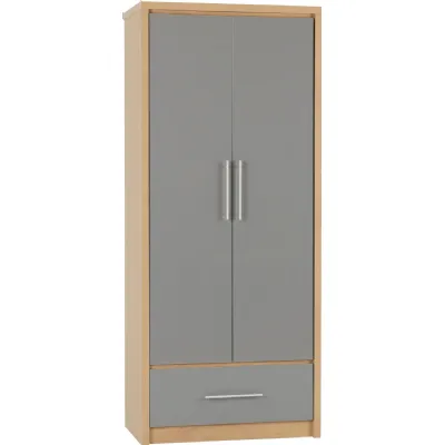 Seville 2 Door 1 Drawer Wardrobe Grey High Gloss Light Oak Effect Veneer