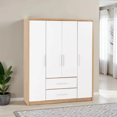 White Gloss and Light Oak Effect 4 Door 2 Drawer Wardrobe