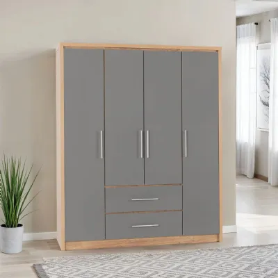 Grey Gloss and Light Oak 4 Door 2 Drawer Large Wardrobe