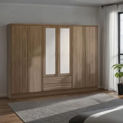 Rustic Oak Effect 6 Door 2 Drawer Extra Large Wardrobe