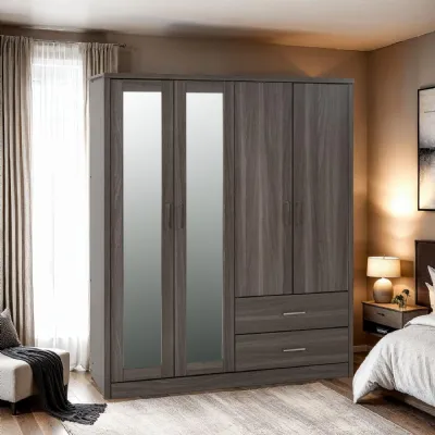 Black Wood 4 Door 2 Drawer Large Wardrobe with Mirror