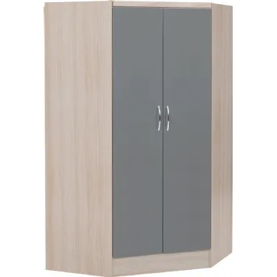 Grey Gloss and Light Oak 2 Door Double Corner Wardrobe