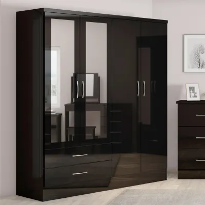 Black Gloss 4 Door 2 Drawer Large Wardrobe with Mirror