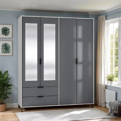 Grey and White Gloss 4 Door 2 Drawer Wardrobe with Mirror