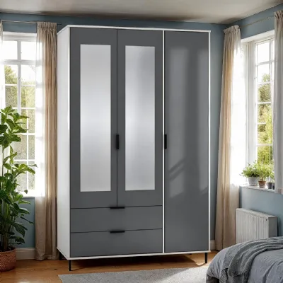 Grey and White Gloss 3 Door 2 Drawer Triple Mirror Wardrobe
