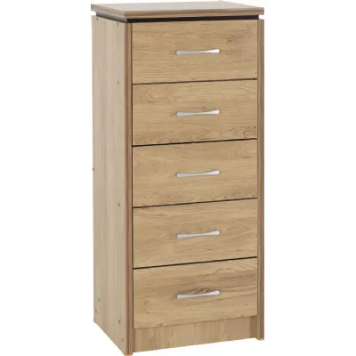 Charles 5 Drawer Narrow Chest Oak Effect Veneer with Walnut Trim