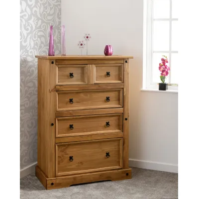Distressed Waxed Wood 2 Over 3 Drawer Chest