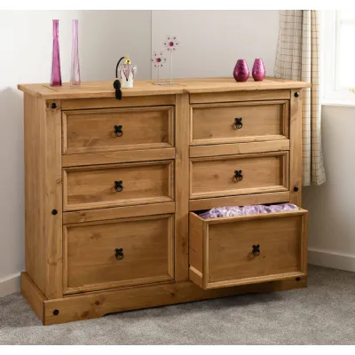 Distressed Waxed Wood Chest of 6 Drawers
