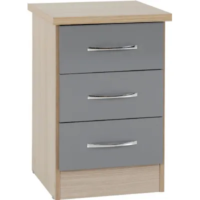 Nevada 3 Drawer Bedside Chest Grey Gloss Light Oak Effect Veneer