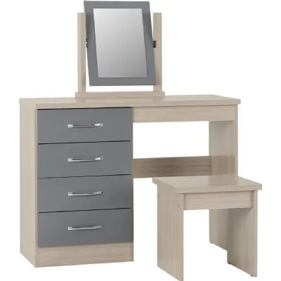 Nevada 4 Drawer Dressing Table Set Grey Gloss Light Oak Effect Veneer