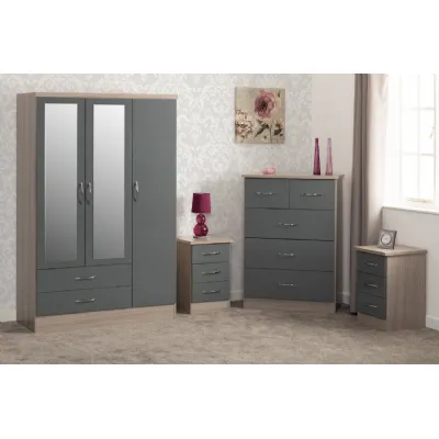 Grey Gloss Oak 3 Door Triple 2 Drawer Mirrored Wardrobe Set