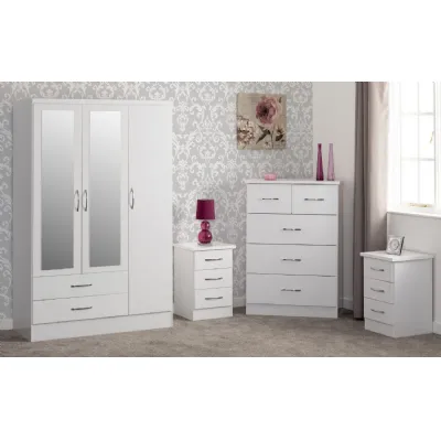 White Gloss 3 Door 2 Drawer Triple Mirrored Wardrobe Set