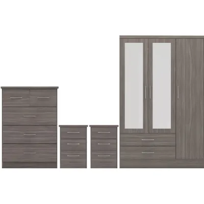 Black Wood 3 Door 2 Drawer Triple Mirrored Wardrobe Set