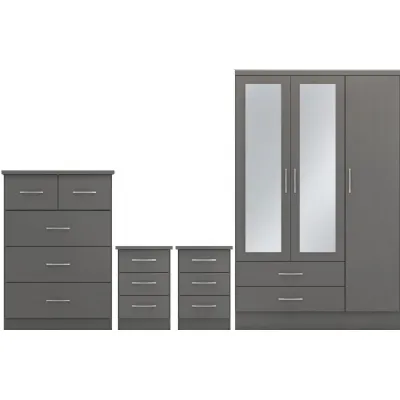 3D Effect Grey Wood 3 Door 2 Drawer Triple Wardrobe Set