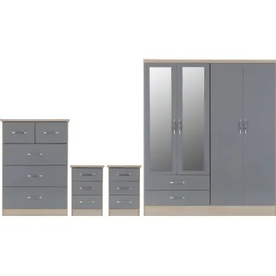 Nevada 4 Door 2 Drawer Mirrored Wardrobe Bedroom Set Grey Gloss Light Oak Effect Veneer