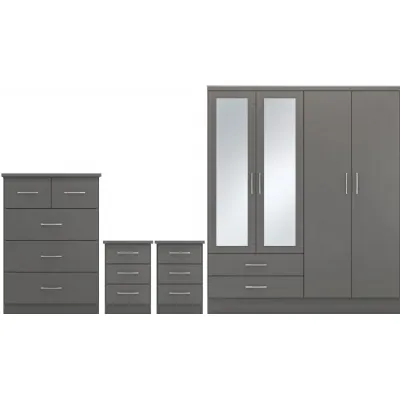 Grey 3D Effect 4 Door 2 Drawer Wardrobe Bedroom Set