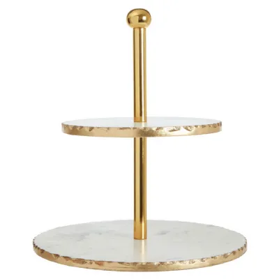 2 Tier White Marble And Gold Finish Cake Stand