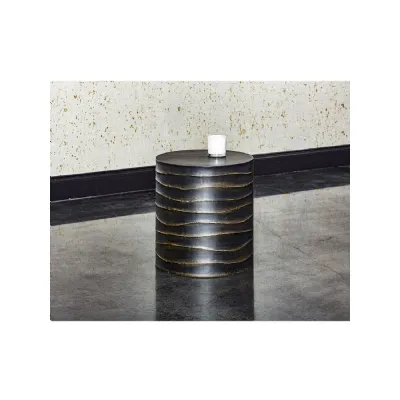 Black Concrete Sculpted Ridges Round End Side Table