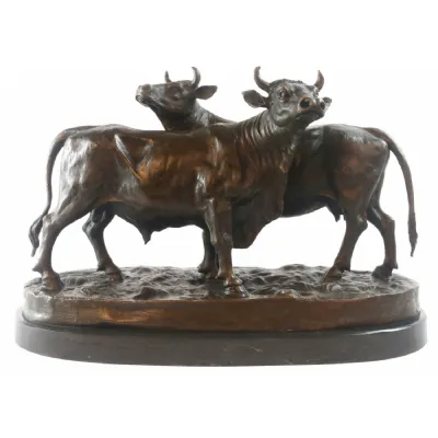 Foundry Cast Bronze Cow and Bull Sculpture Marble Base 44cm