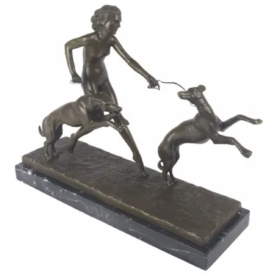 Cast Bronze Lady with 2 Dogs Sculpture on Marble Base 42cm