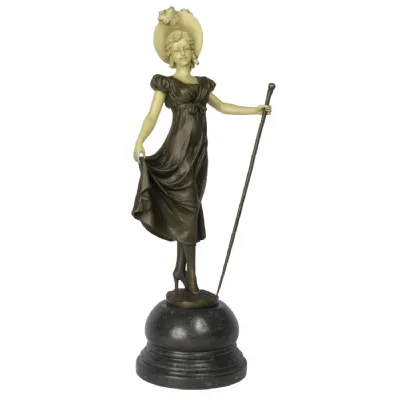 Lady Holding Stick Bronze Sculpture on Marble Base 40cm