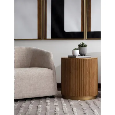 Rustic Oak Effect Round Gold Base Side Table