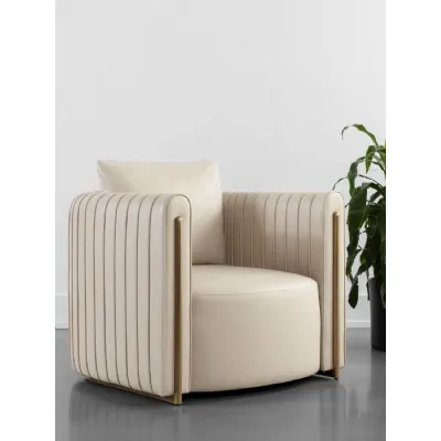 Beige Leather Effect Lounge Chair with Gold Detailing