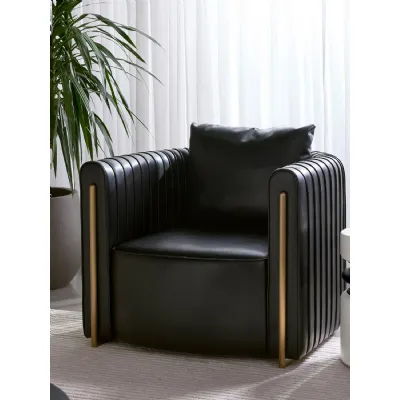 Black Leather Effect Lounge Chair with Gold Detailing
